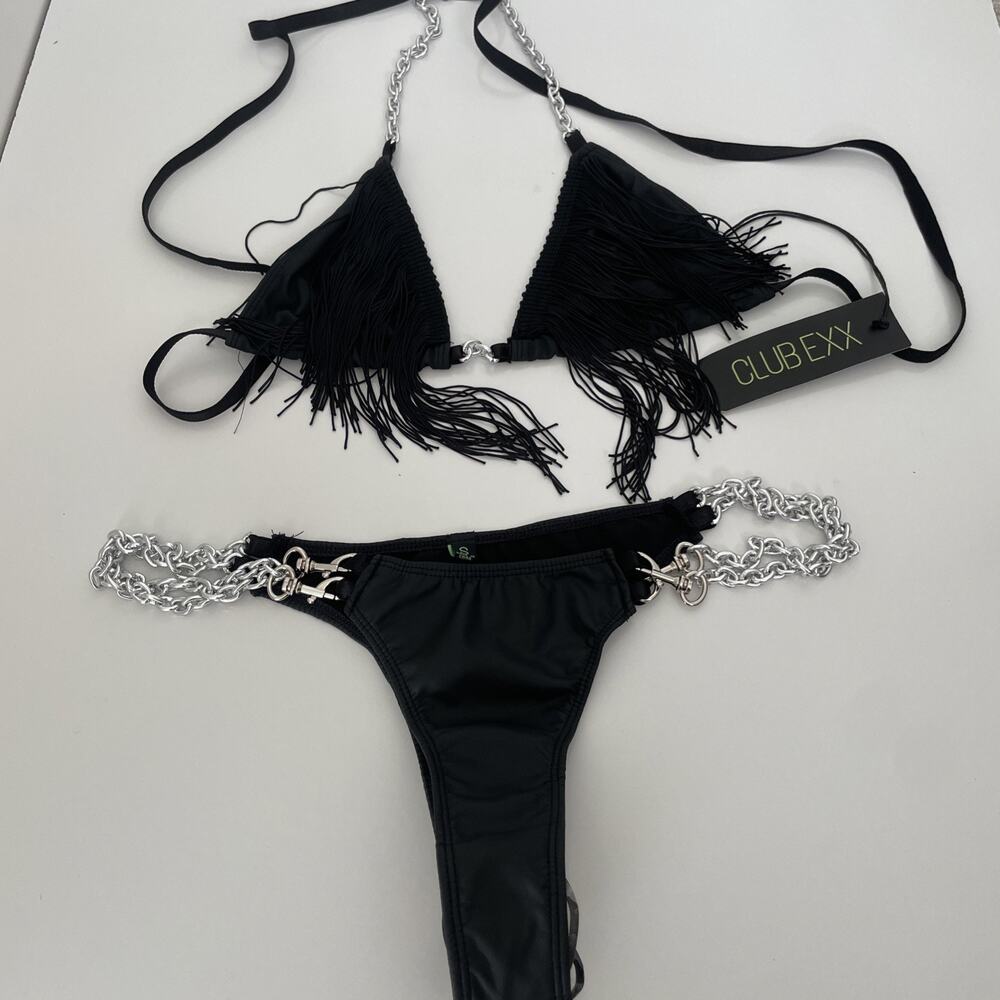NEW Dolls Kill Club EXX S Black Bikini Chain Closure Fringe Rave Two Piece Set